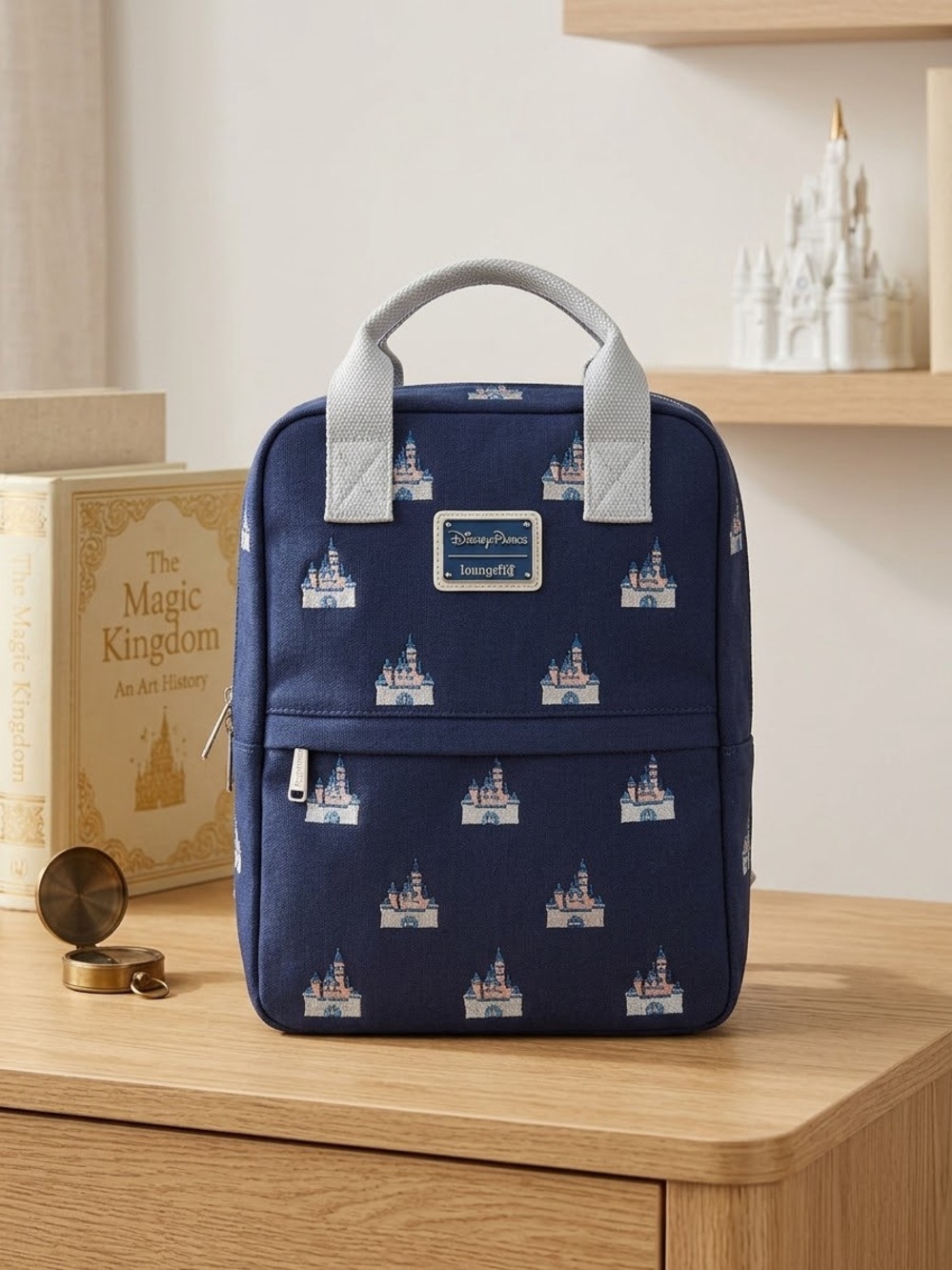 Loungefly Navy Disney Castle Mini Backpack with Light Gray Handles
